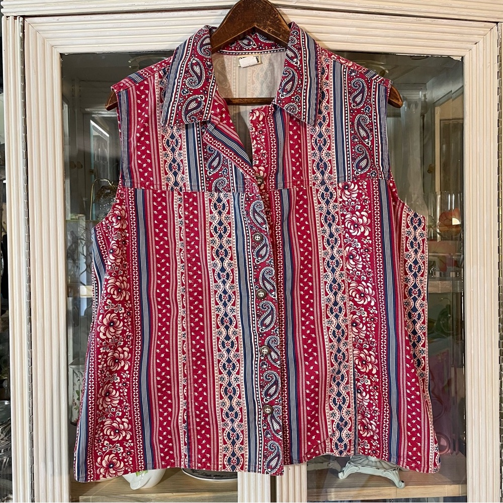 Vintage Vivaldi red white blue floral paisley cotton denim sleeveless shirt L
